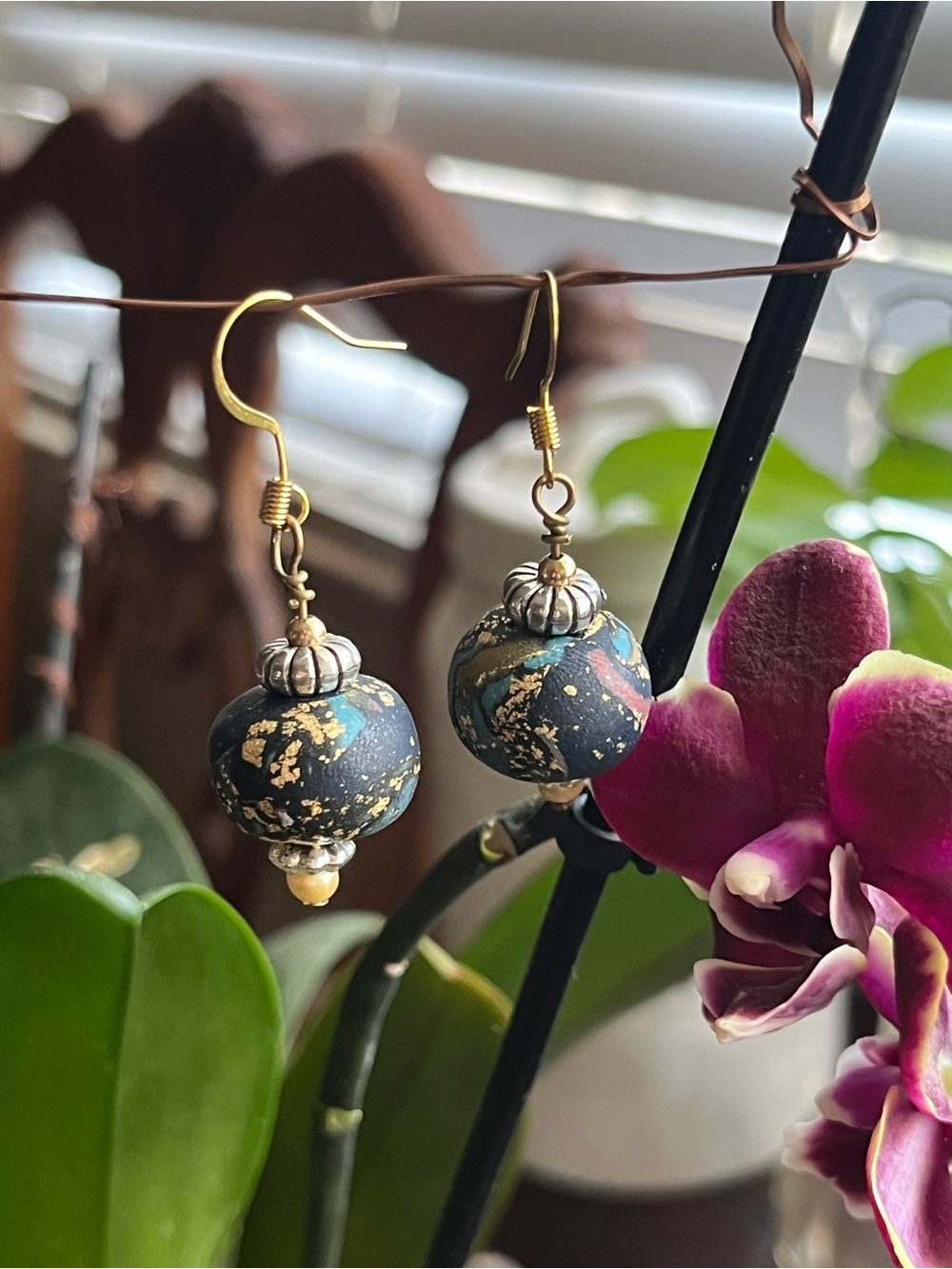 Teal and Gold Fleck Drop Earrings with Silver-Tone Accents